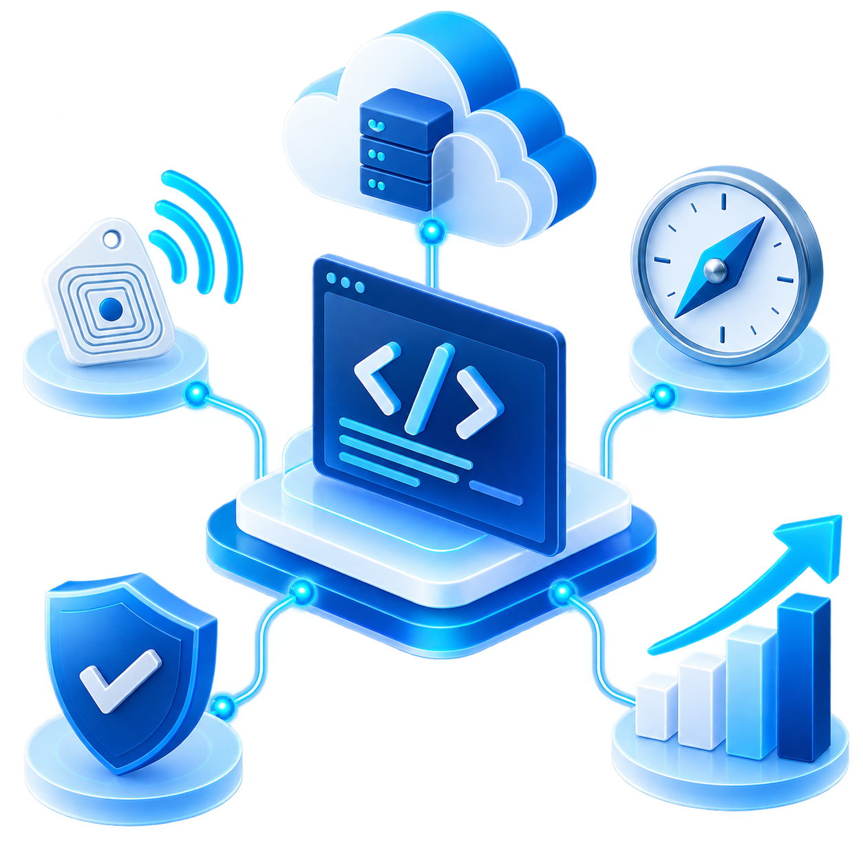 Connected illustration representing software development, cloud, RFID, strategy, support, and business growth